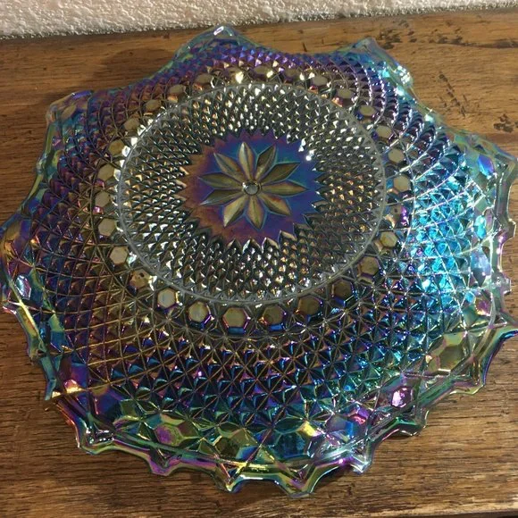 Vintage Blue Iridescent Ruffled Diamond Point Dessert Plate - Picture 6 of 9